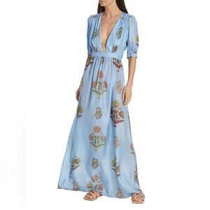 Light Blue Floral Deep V Maxi Dress HANNAH ARTWEAR